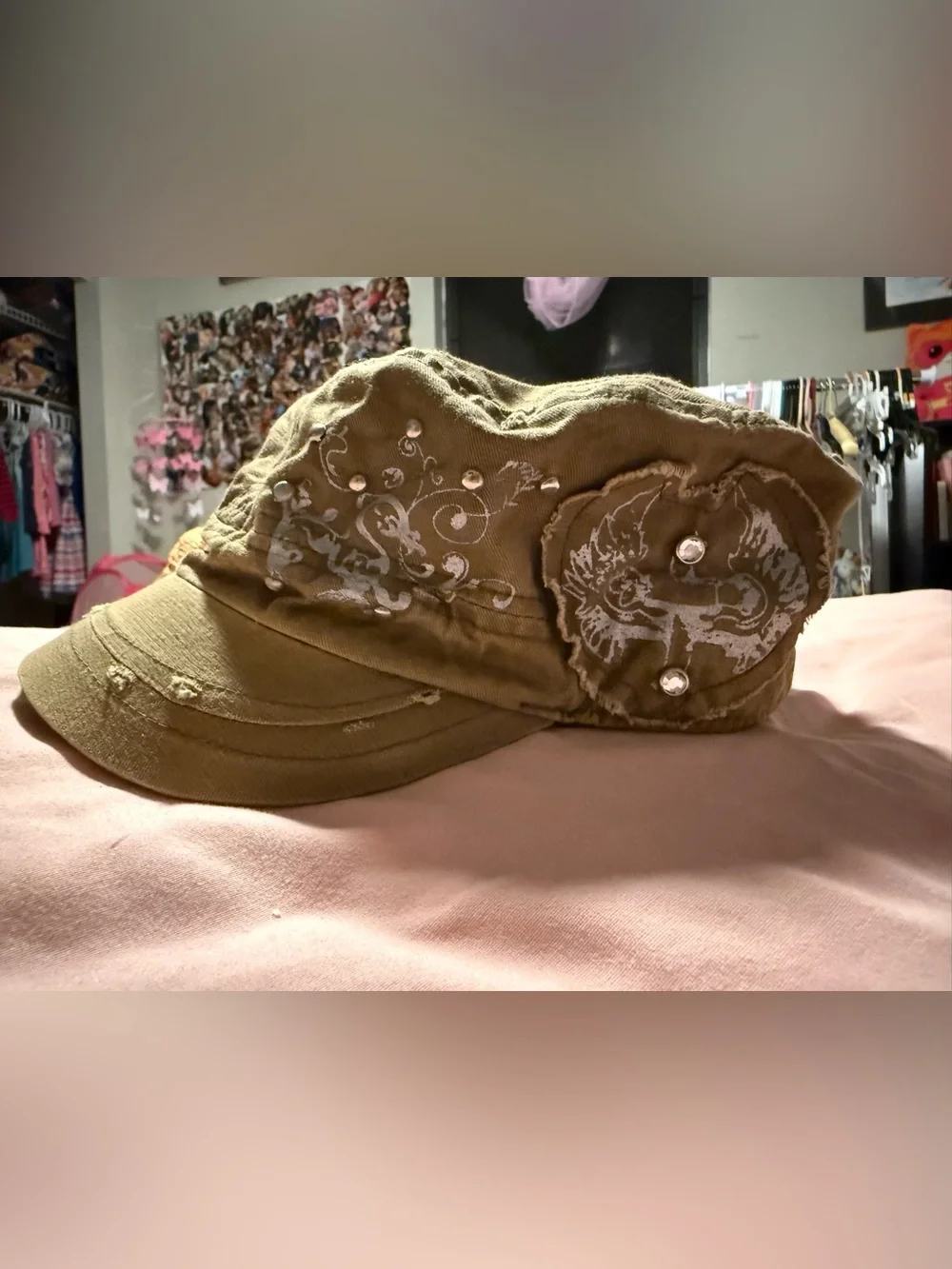 Embellished Olive Green Military Cap with Stud Detail